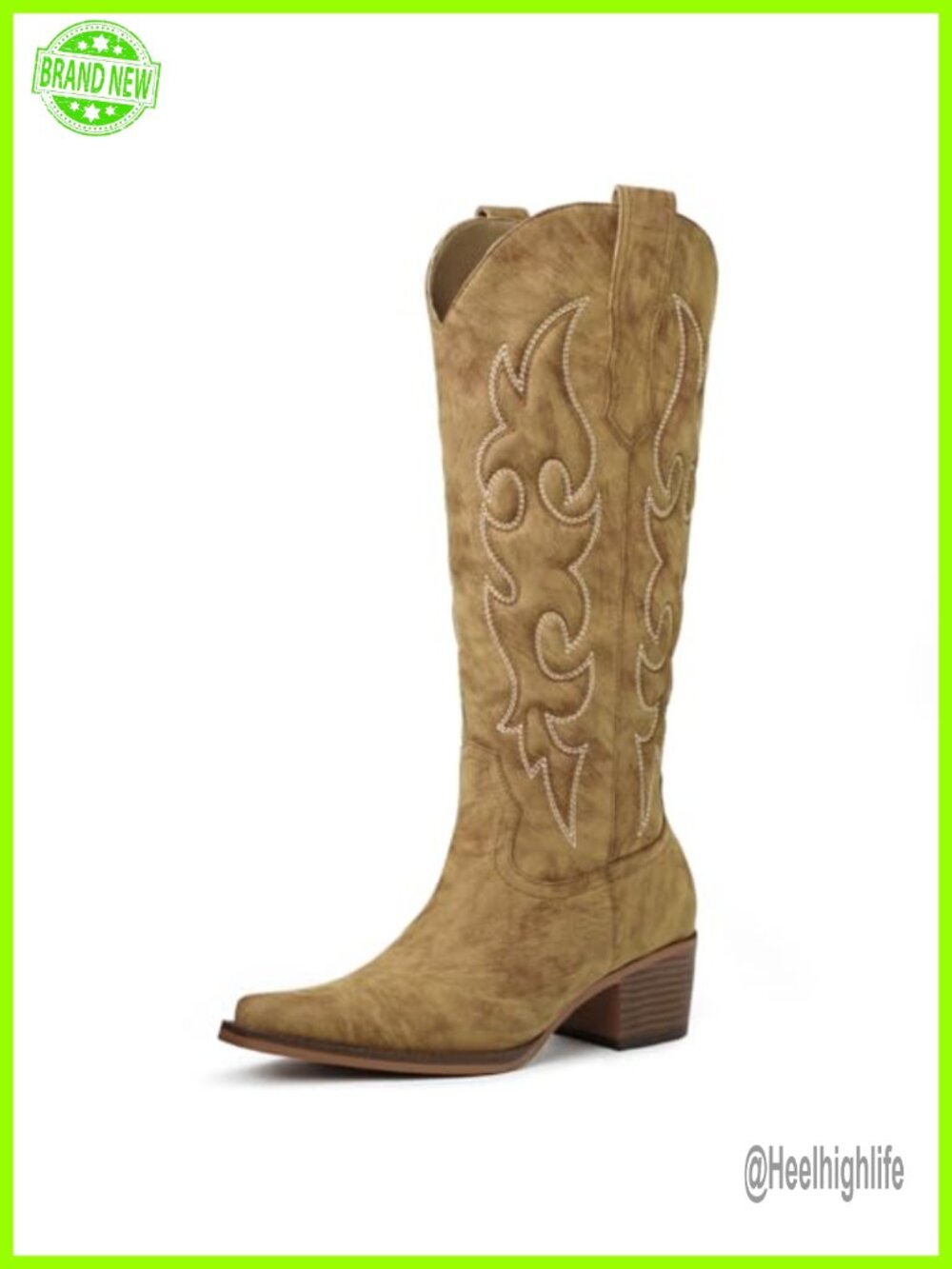 Faux Leather Knee High Western Cowboy Boots Pointed Toe Chunky Heel Zip